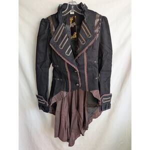 RQ-BL Steampunk Gothic Tailcoat Jacket – Black/Coffee Lace & Faux Leather Trim